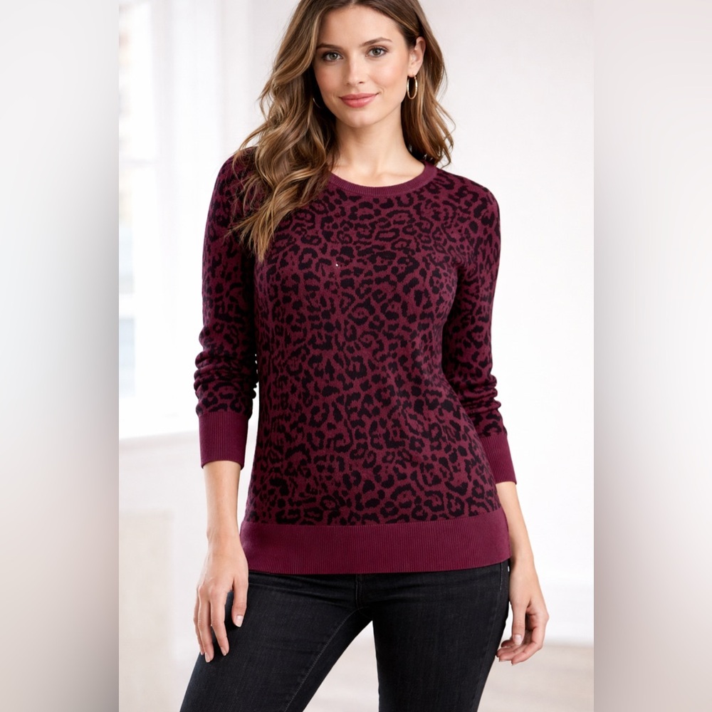 Banana Republic Leopard Print Knit Sweater Burgundy Black Size Small